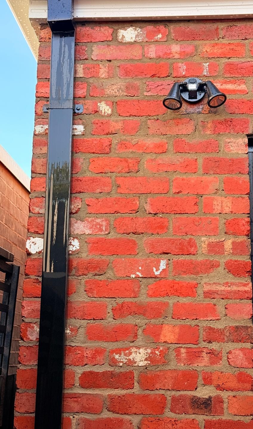 The same red brick house wall after cleaning, with bright red brick and the algae growth removed